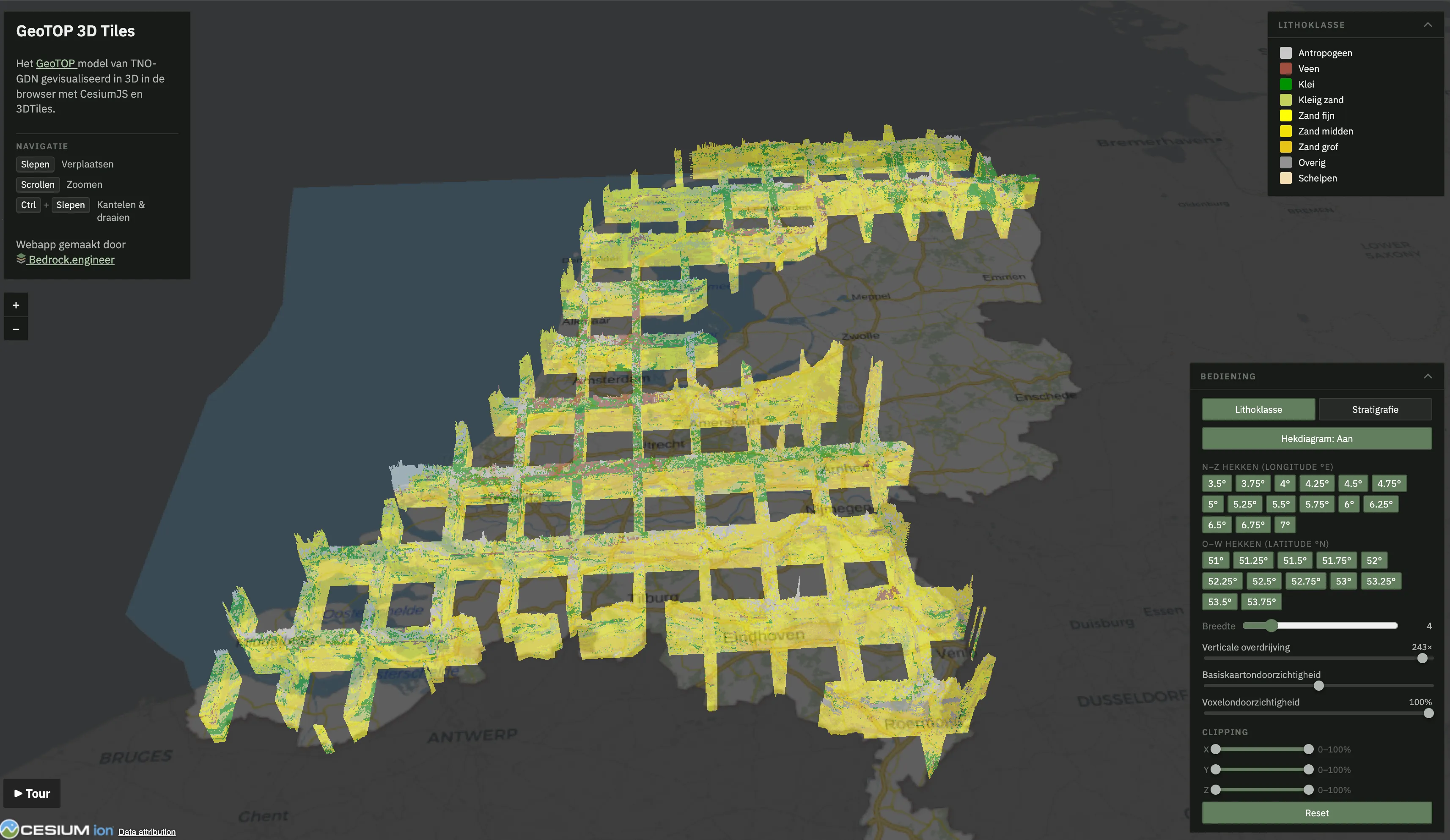 The GeoTOP viewer showing a fence diagram: the voxel model reduced to a grid of vertical cross-section walls along meridians and parallels, colored by lithoclass, above a basemap of the Netherlands