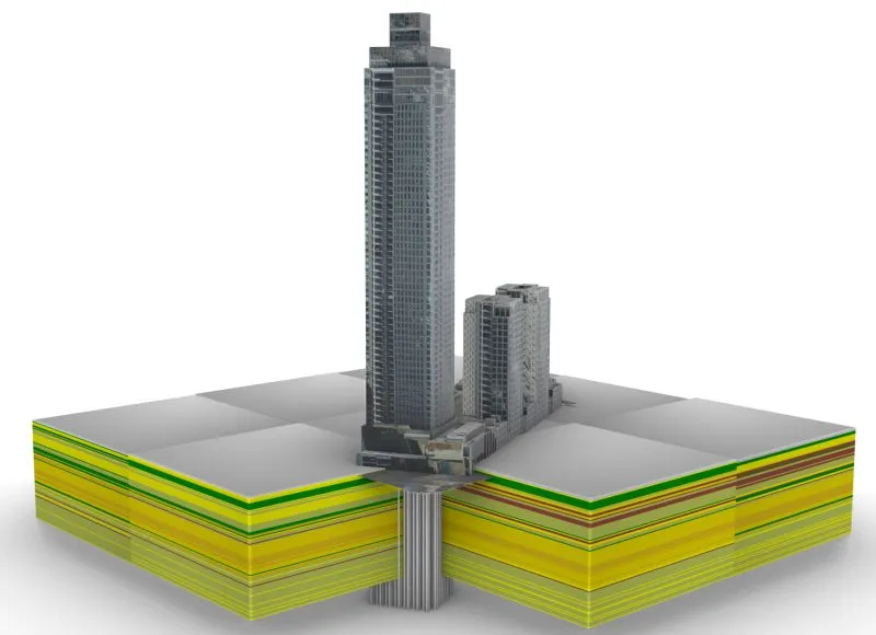 Building model of the De Zalmhaven along with foundation and GeoTOP voxel model in Speckle